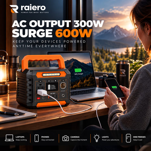 Raiero 300W Portable Power Station — 230Wh Solar Generator with AC Outlet, DC Output & LED Light for Camping & Emergency Backup