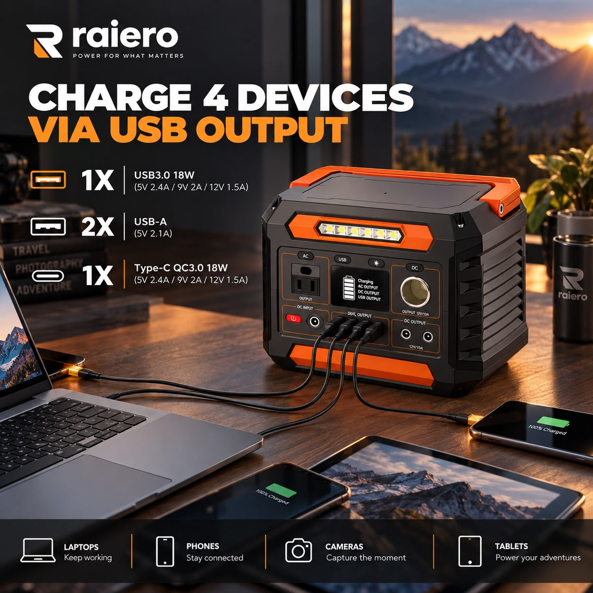 Raiero 300W Portable Power Station — 230Wh Solar Generator with AC Outlet, DC Output & LED Light for Camping & Emergency Backup