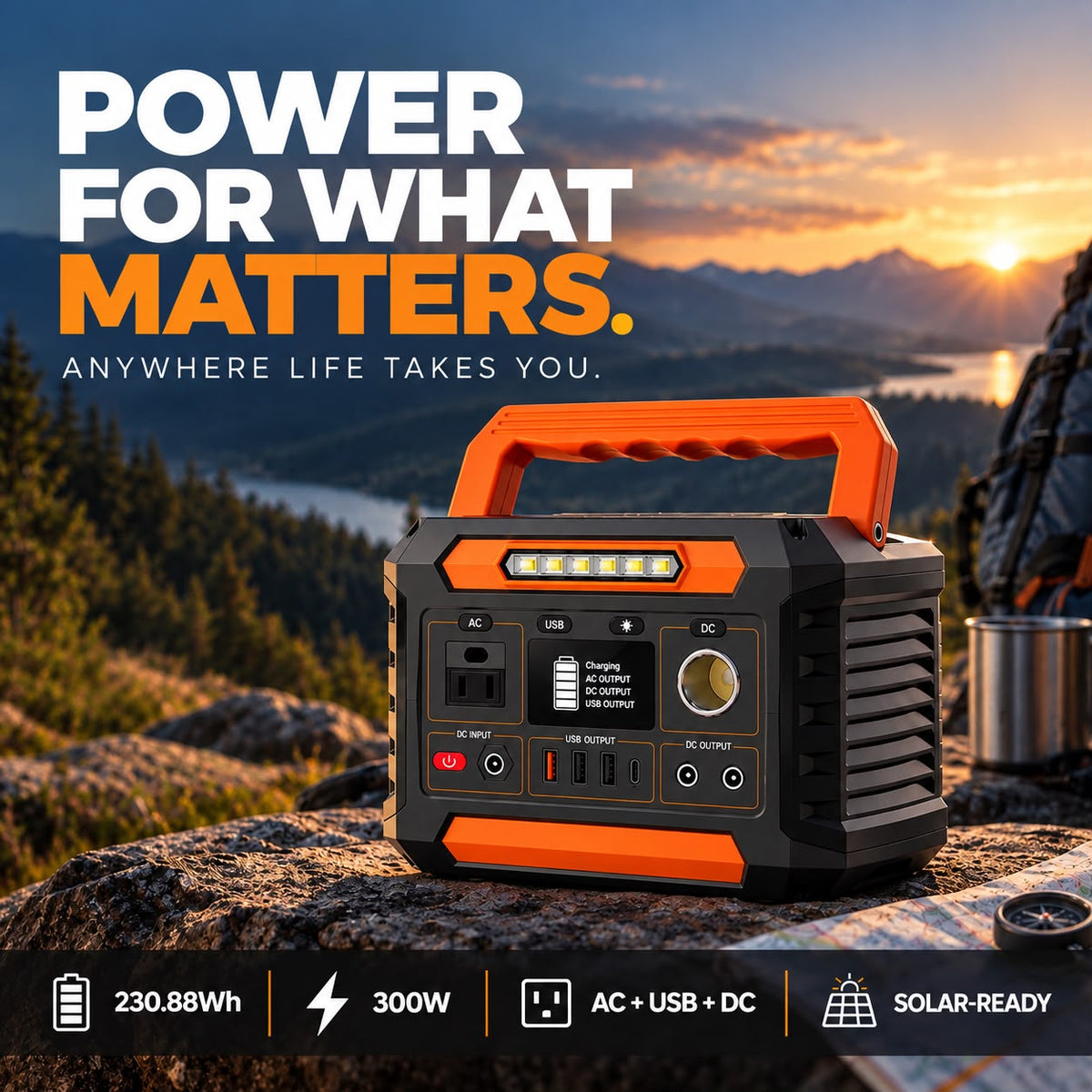 Raiero 300W Portable Power Station — 230Wh Solar Generator with AC Outlet, DC Output & LED Light for Camping & Emergency Backup