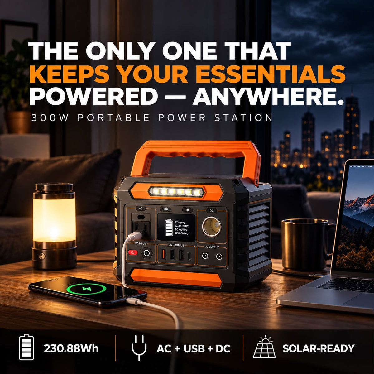 Raiero 300W Portable Power Station — 230Wh Solar Generator with AC Outlet, DC Output & LED Light for Camping & Emergency Backup