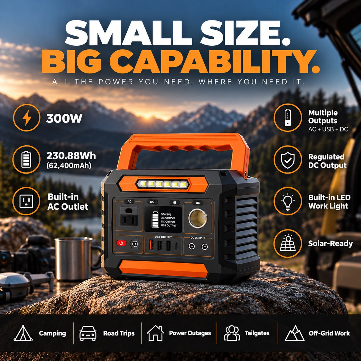 Raiero 300W Portable Power Station — 230Wh Solar Generator with AC Outlet, DC Output & LED Light for Camping & Emergency Backup