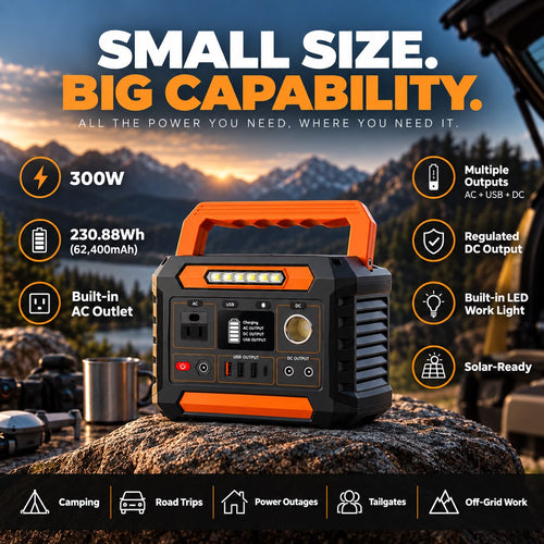 Raiero 300W Portable Power Station — 230Wh Solar Generator with AC Outlet, DC Output & LED Light for Camping & Emergency Backup