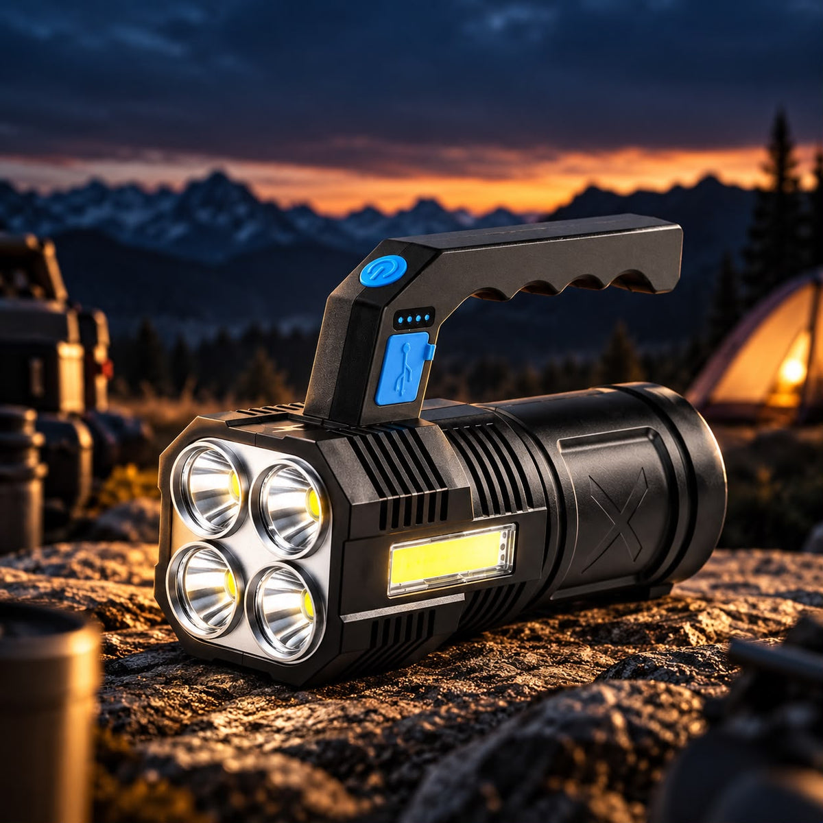 Raiero COB Rechargeable Spotlight & Camping Light — Waterproof, 4 Modes, USB Rechargeable